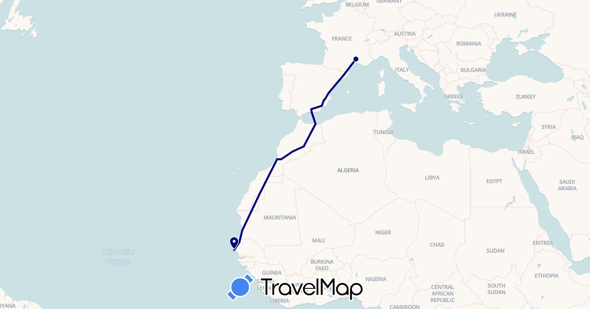 TravelMap itinerary: driving in Spain, France, Morocco, Mauritania, Senegal (Africa, Europe)